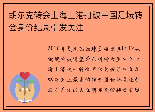 胡尔克转会上海上港打破中国足坛转会身价纪录引发关注