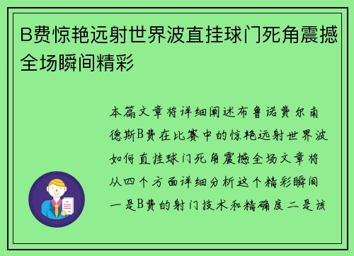 B费惊艳远射世界波直挂球门死角震撼全场瞬间精彩